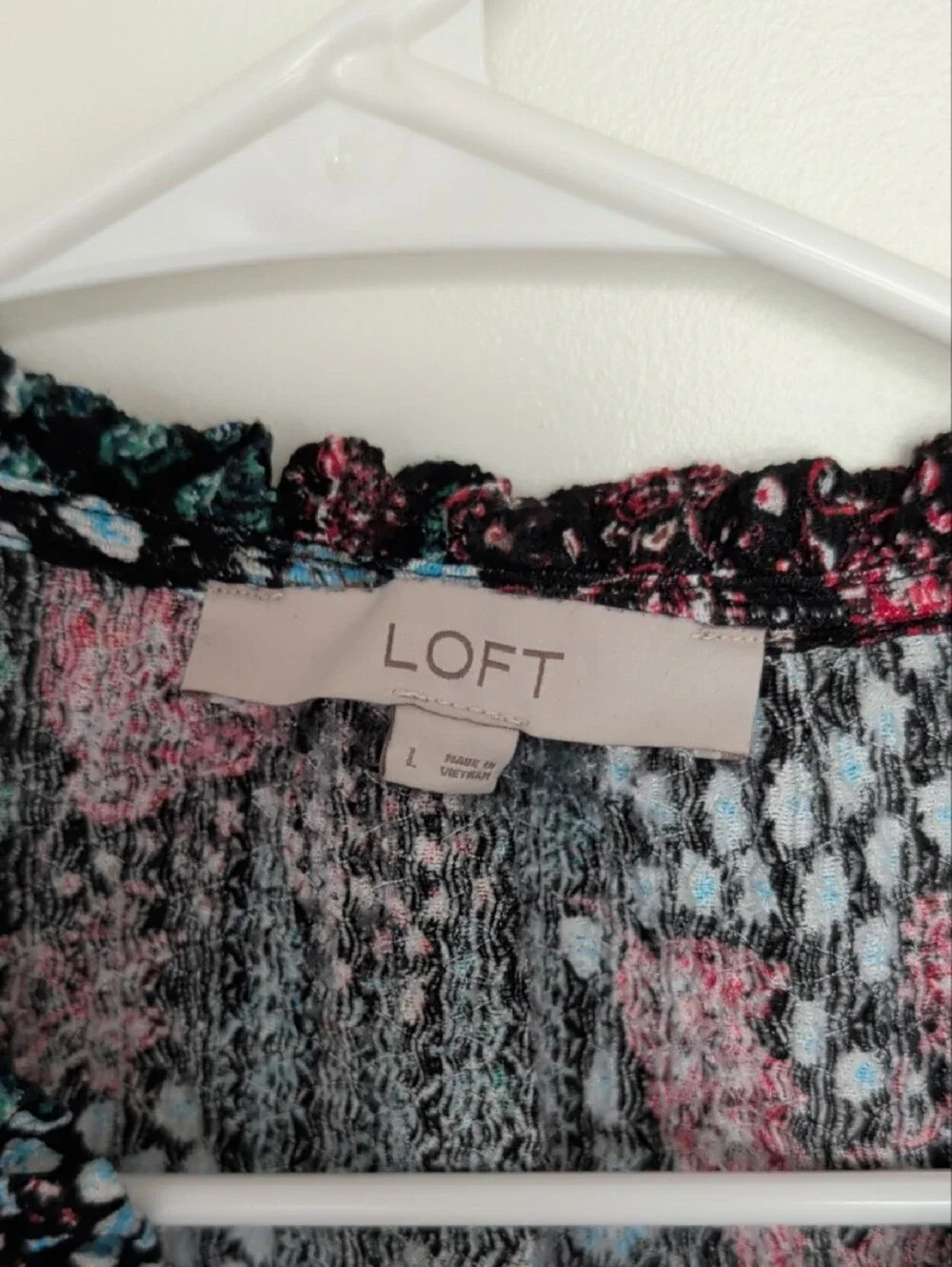 LOFT Black Floral V-Neck Puff Sleeve Blouse with Pink & Blue Accents